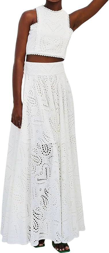 Amazon.com: Aonoapll Women 2 Piece Eyelet Skirt Set Sleeveless Hollow Out Lace Tank Top Maxi Skir... | Amazon (US)