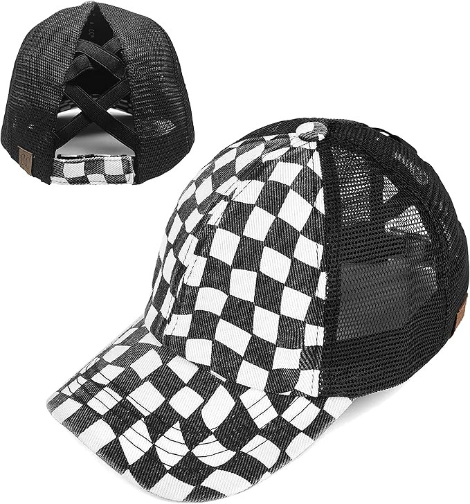 Funky Junque Criss Cross Hat Womens Baseball Cap Distressed Ponytail Messy Bun Trucker Ponycap | Amazon (US)