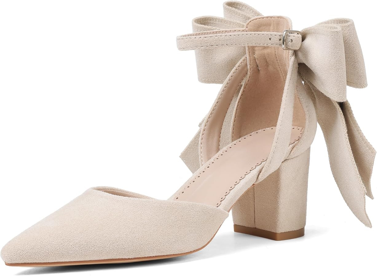 Women's Black Pointed Toe Pumps Bow Ankle Strap Chunky High Heels Dress Wedding Shoes | Amazon (US)