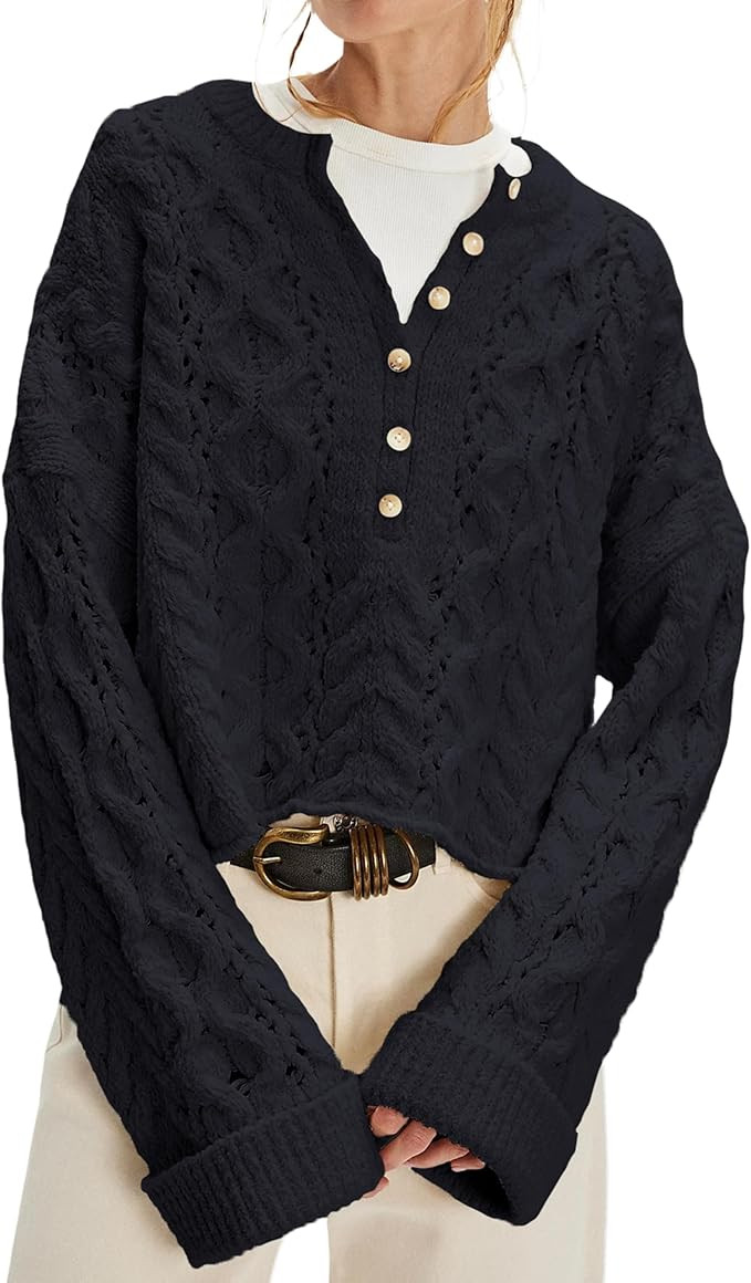 Women's Cable Knit Round Neck Button Pullover Sweater | Amazon (US)
