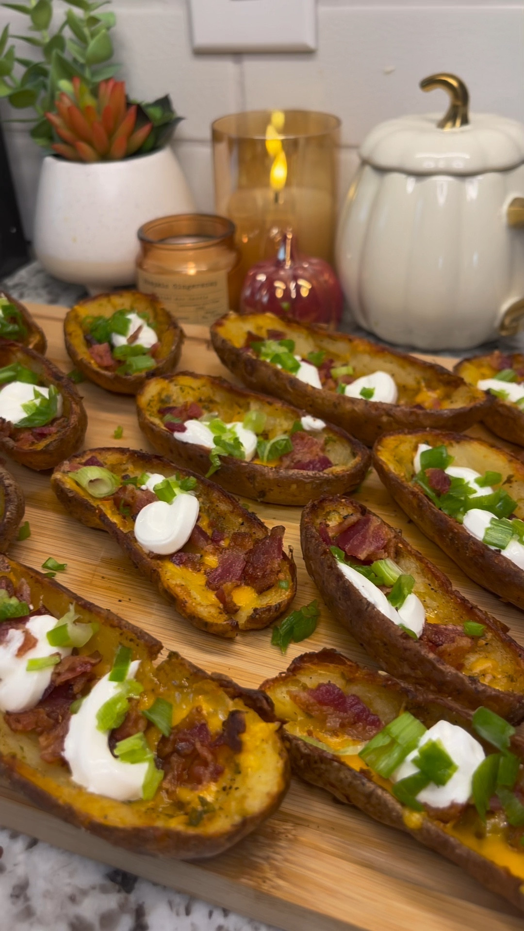 loaded potato skins are perfect for game day🏈crispy and so tasty- these are always a hit at any party!

linked all my favorite kitchen items used so you can make it for the Super Bowl!
 Ingredients: - 8 potatoes, scrubbed - olive oil - salt *bake at 425°F for 45 minutes* - 4 tbsp butter - fresh parsley, chopped - garlic, minced - 1 tsp onion powder - 1 tsp pepper - 1 tsp salt - 1 tsp paprika *bake at 425°F cut side down for 15 minutes, flip and cook for 7 more minutes* - sharp cheddar cheese, freshly grated - bacon, chopped *back in the oven for 3 minutes* - sour cream - green onion, chopped

#LTKParties #LTKSeasonal #LTKHome