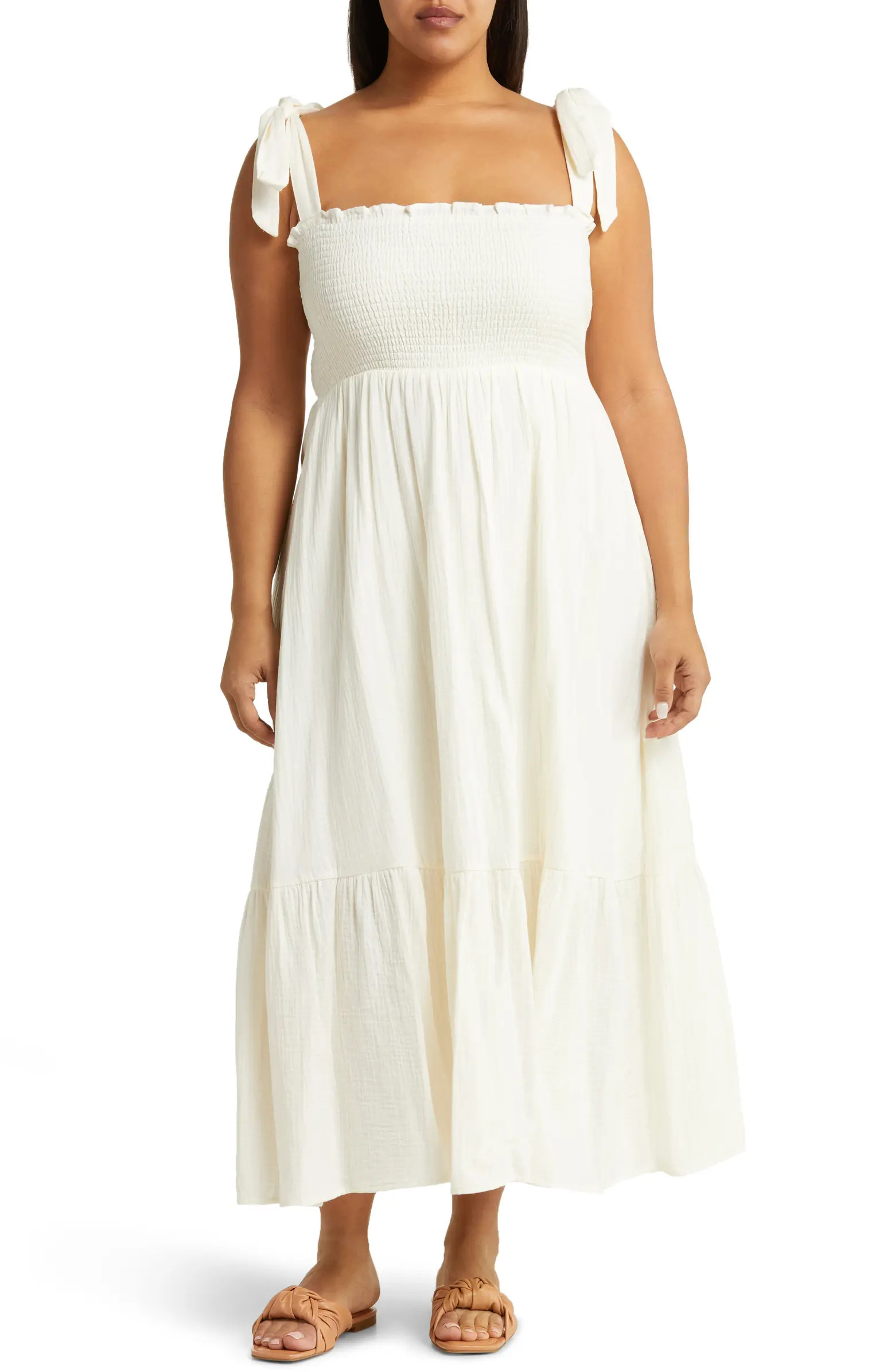 Smocked Tie Strap Cotton Gauze Midi Sundress | Nordstrom