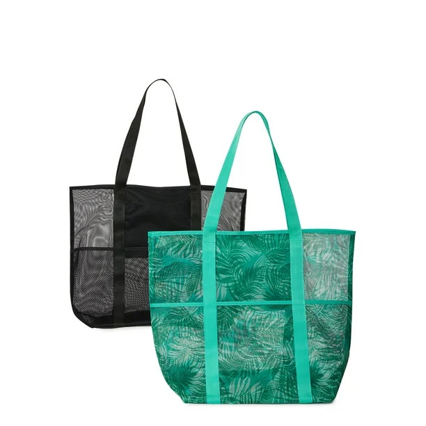 Time and Tru Women's Mesh Beach Tote Bag, 2-Pack Palm Mint Chip / Black | Walmart (US)