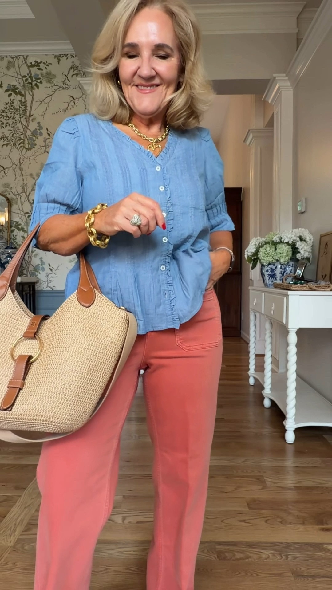 You will love this top! Wearing a small 
Jeans are on sale this weekend they stretchy but compressive at the same time. Medium petite 
10% off my bag code NANETTE 
30% off my necklace code SUMMER
Business casual chambray shirt

#LTKSaleAlert #LTKOver40 #LTKootd