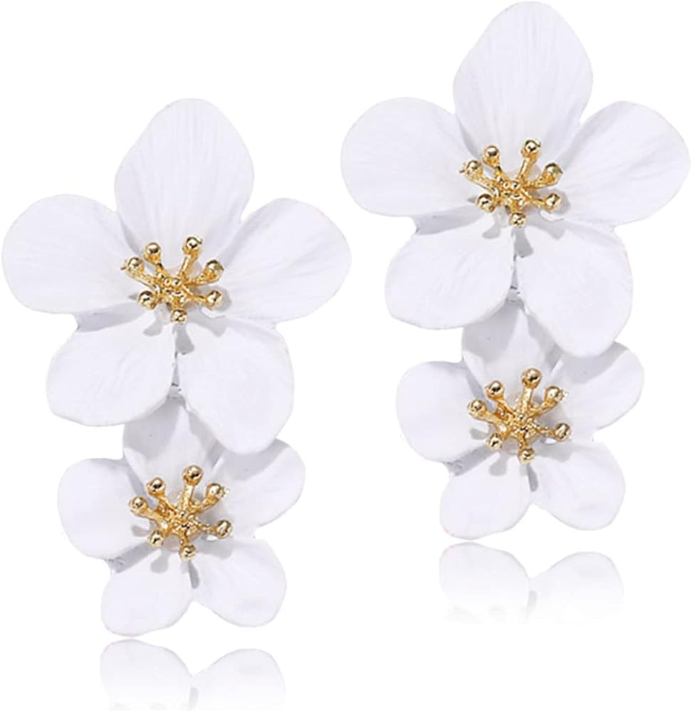 ANDPAI Unique Handmade Bohemian Large Matte Double Yellow Flower Dangle Drop Earrings White Metal fl | Amazon (US)