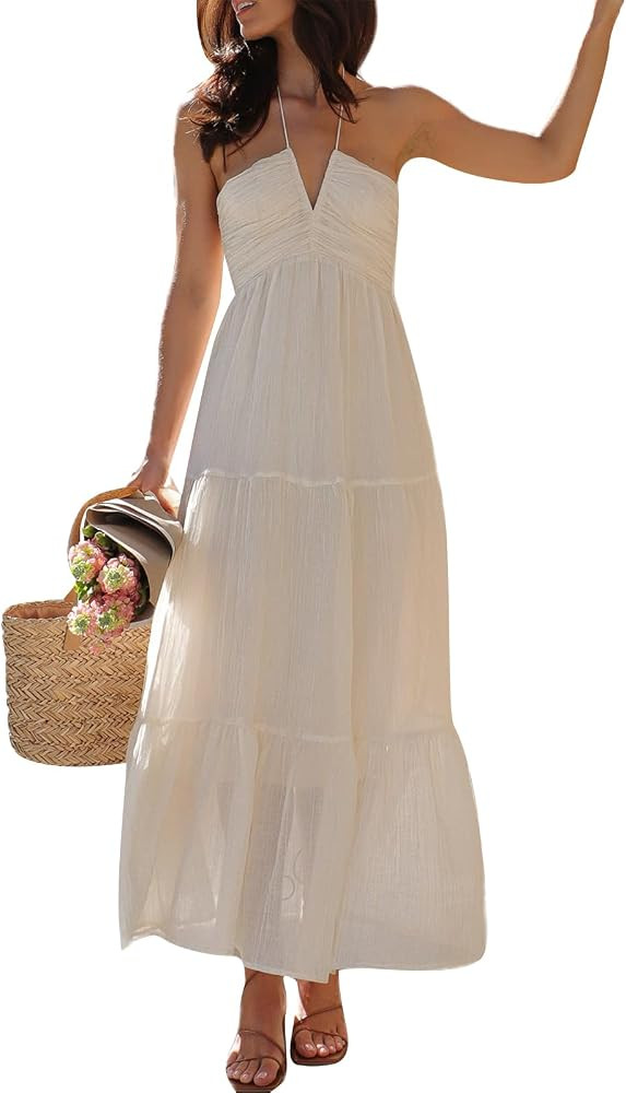 Women's Halter Neck Floral Maxi Dress 2024 Summer Boho Long Sundress Sexy Sleeveless Backless Flo... | Amazon (US)