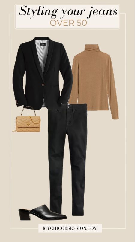 If you love your pair of skinny jeans, this look is ideal for when you want to look confident and put-together. For your top, this wool-blend turtleneck continues to elongate your silhouette and contribute an elevated, chic feel. Layer a classic black blazer on top. Mules and a mini top handle bag complete the look. 

#LTKSeasonal #LTKover40 #LTKstyletip