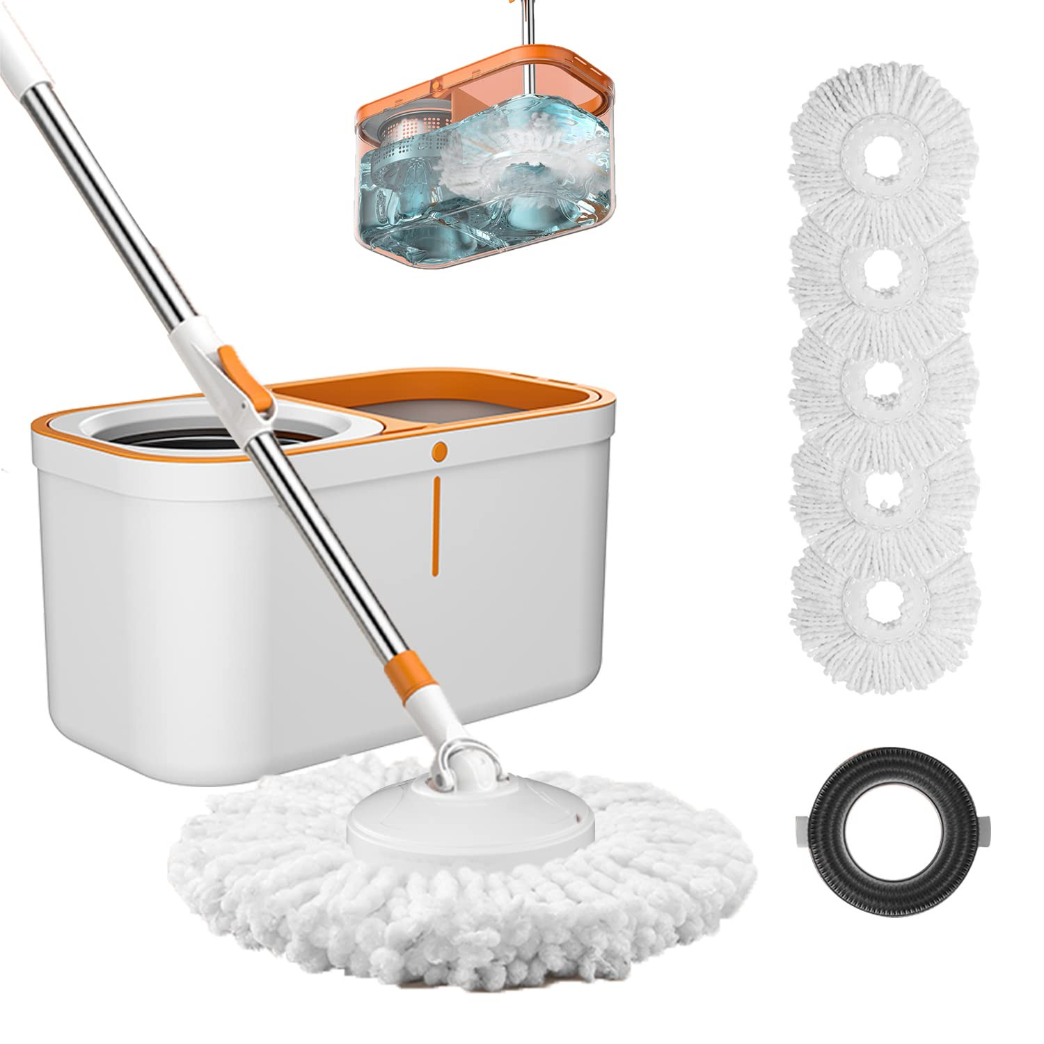 Floor Spin Mop and Bucket Set with Wringer System Extended Stainless Steel Handle 61＂for Home F... | Amazon (US)