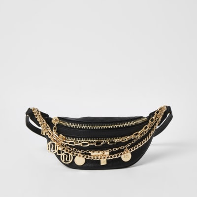Black layered chain and charm bumbag | River Island (US)