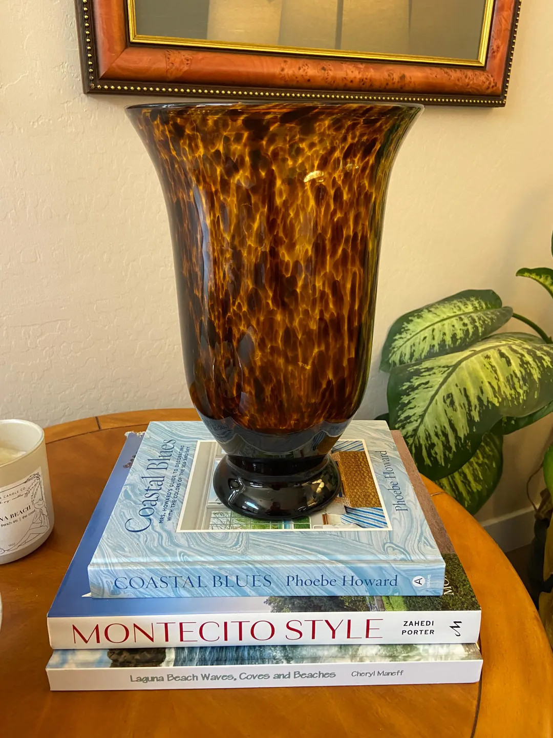 Large Tortoiseshell Murano Style Glass Hurricane – Hand Blown Amber Brown Flared Vase, 12.5" Ta... | Etsy (US)