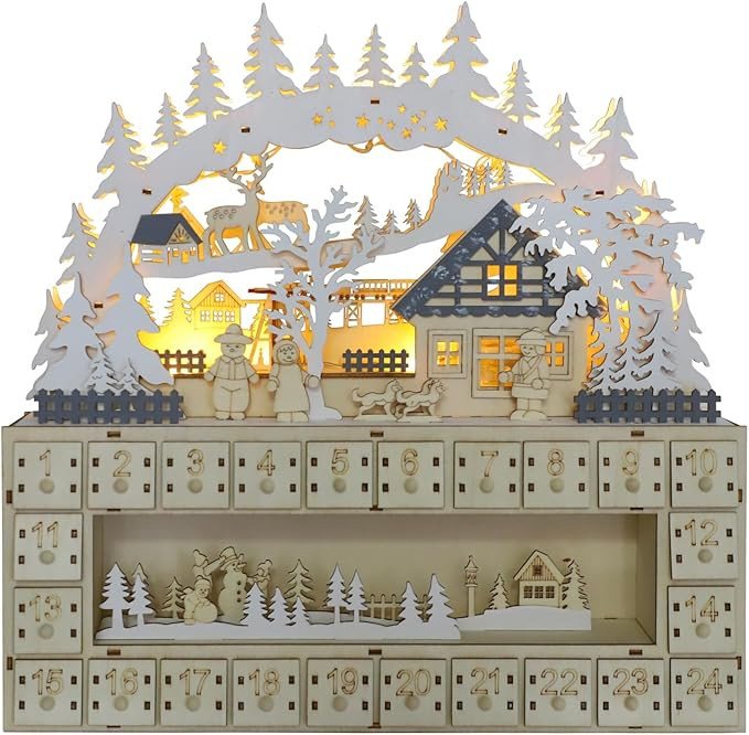 MorTime Advent Calendar with 24 Drawers, Lighted Wooden Countdown to Christmas Decorated with LED... | Amazon (US)