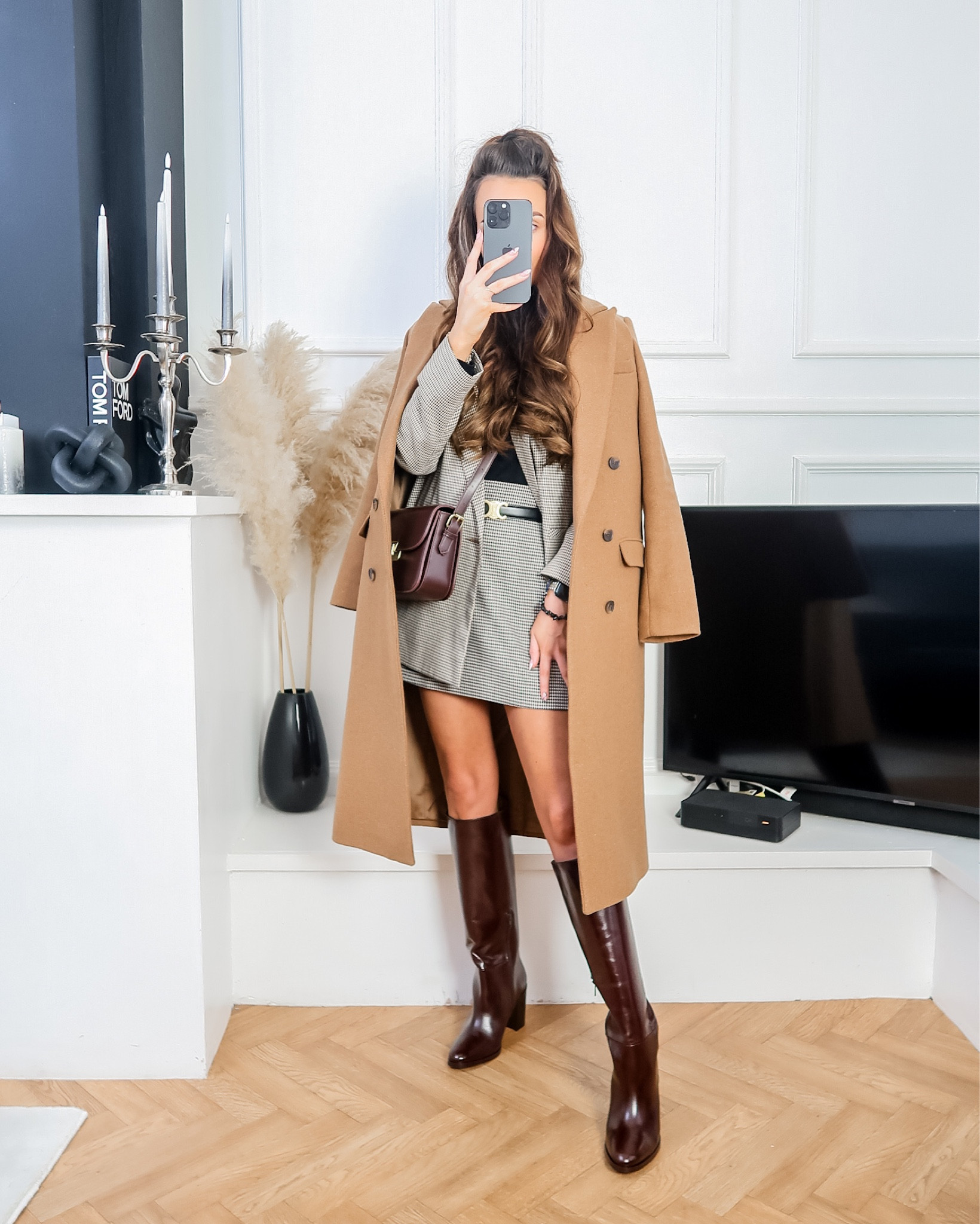 Autumnal outfit, autumn outfit, autumn styling, autumn layers, autumn style, camel coat, check blazer, houndstooth blazer, English check, houndstooth mini, skirt suit, black roll neck jumper, leather knee high boots, brown knee high boots, oxblood knee high boots, brown cross body bag, oxblood cross body bag, celine belt 

#LTKSeasonal #LTKeurope #LTKfindsunder100