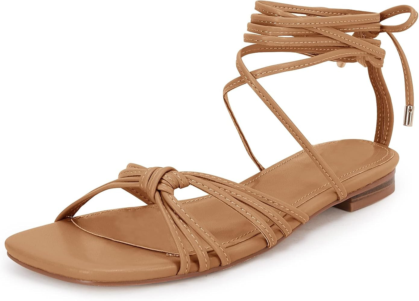 PiePieBuy Womens Lace up Square Toes Flat Sandals with Ankle Strap Summer Criss-Cross Gladiator S... | Amazon (US)