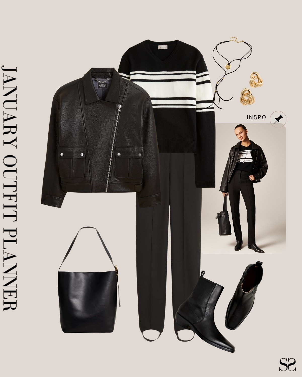 Monthly outfit planner JANUARY: Winter outfits | stirrup pant, black leather jacket, stripe black sweater, ankle boot 

#classicstyle #LTKstyletip #winteroutfit #casualchic

Image inspo credit: J.Crew

#LTKootd #LTKSeasonal #LTKgrwm
