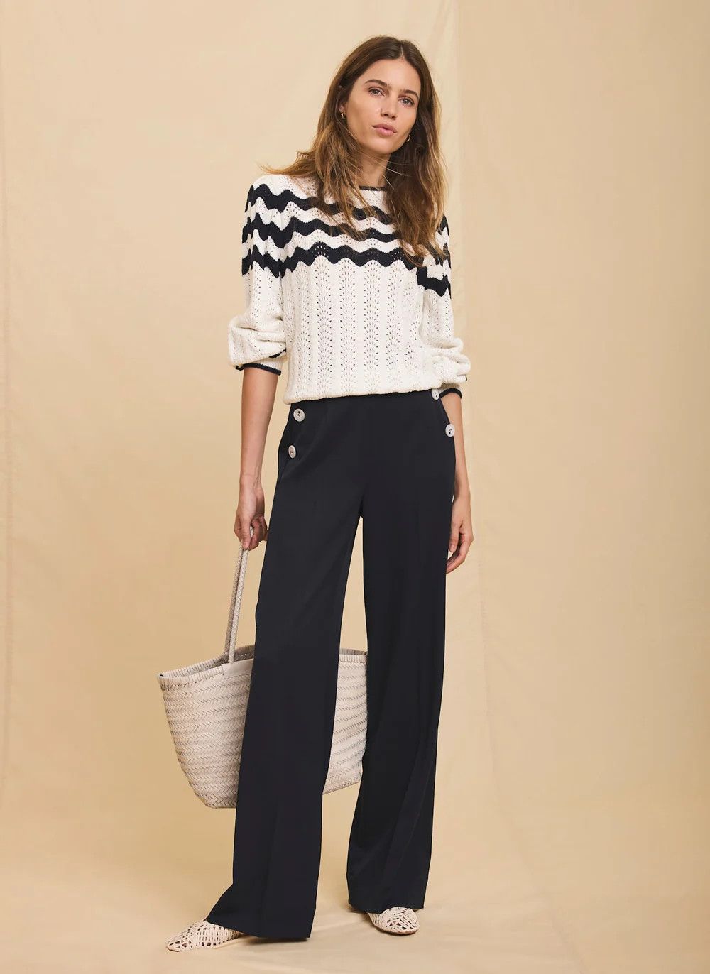 Navy Button Front Wide Trousers | Mint Velvet