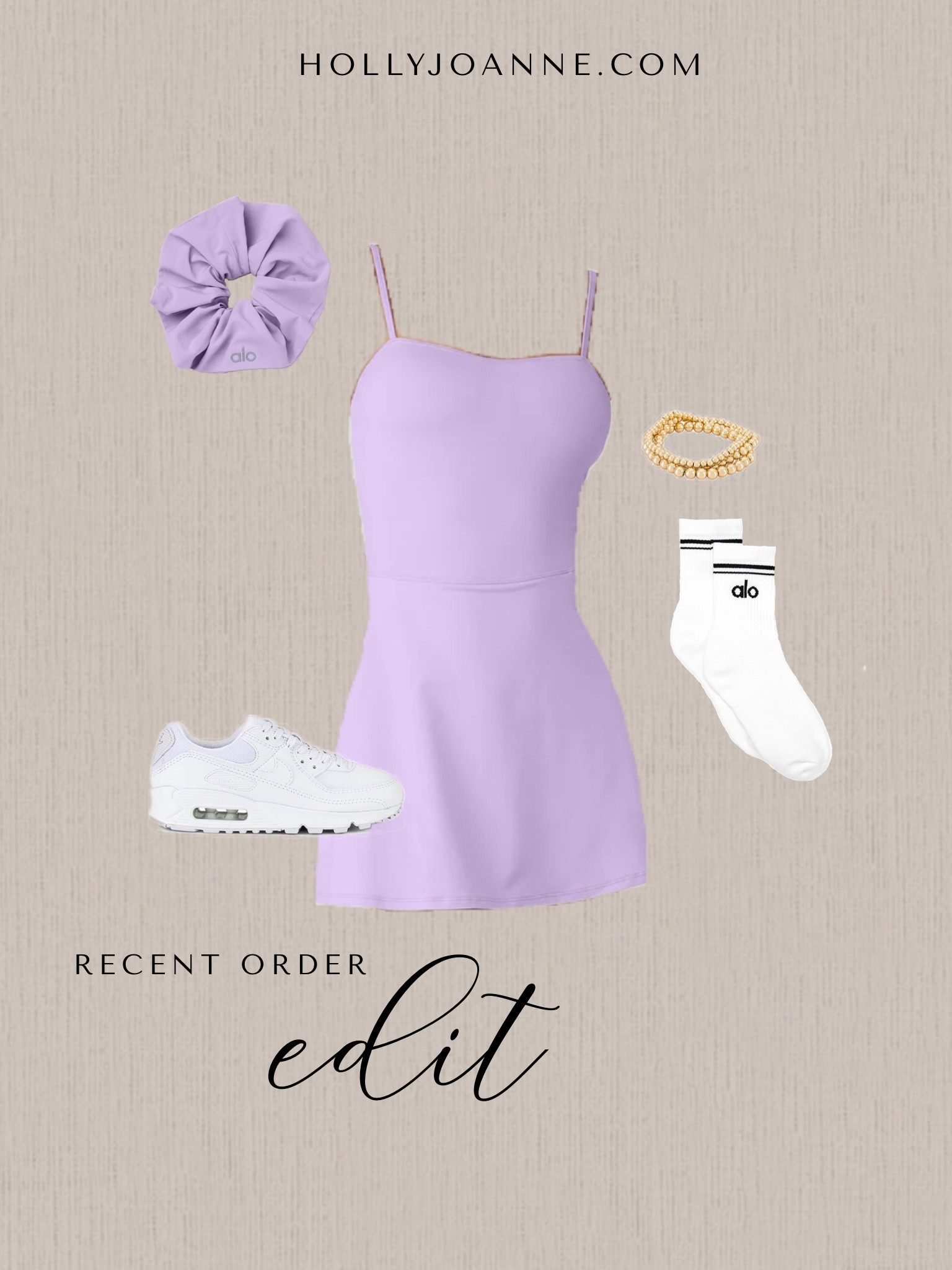 Recent order, Alo Yoga Tennis Dress, Athleisure outfit, Fitness outfit, Neutral Style, Nike Sneakers, #HollyJoAnneW