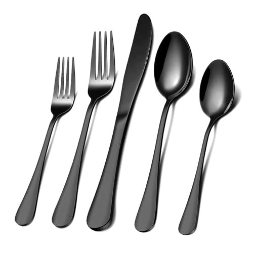 Black Silverware Set for 8, 40 Pieces Stainless Steel Flatware Cutlery Set, Mirror Polished Tableware Kitchen Utensil Set, Include Knives Spoons Forks, Dishwasher Safe (Shiny Black) | Amazon (US)