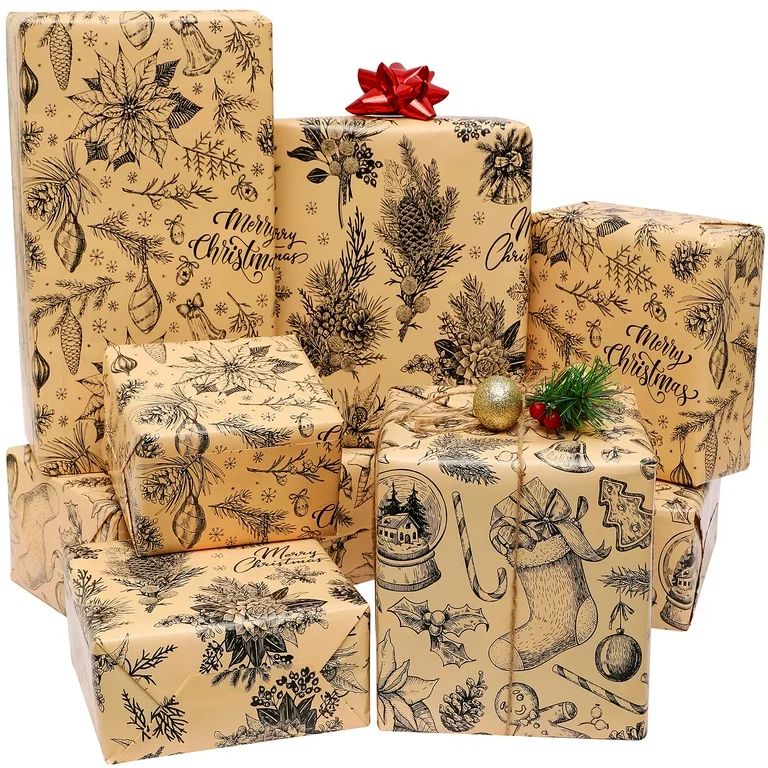 Brown Christmas Wrapping Paper for Boys Girls Kids Women Men - 3 Styles Vintage Xms Gift Wrap Pap... | Walmart (US)
