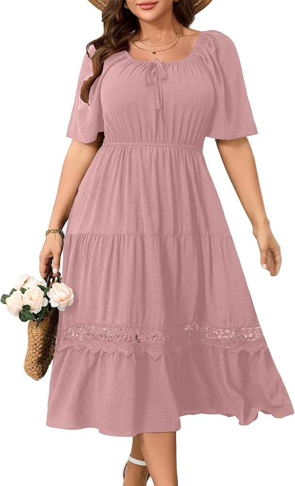 RWJ Women's Plus Size Maxi Dress Short Sleeve Square Neck Flowy A-Line Lace Trim Flutter Party Ca... | Amazon (US)