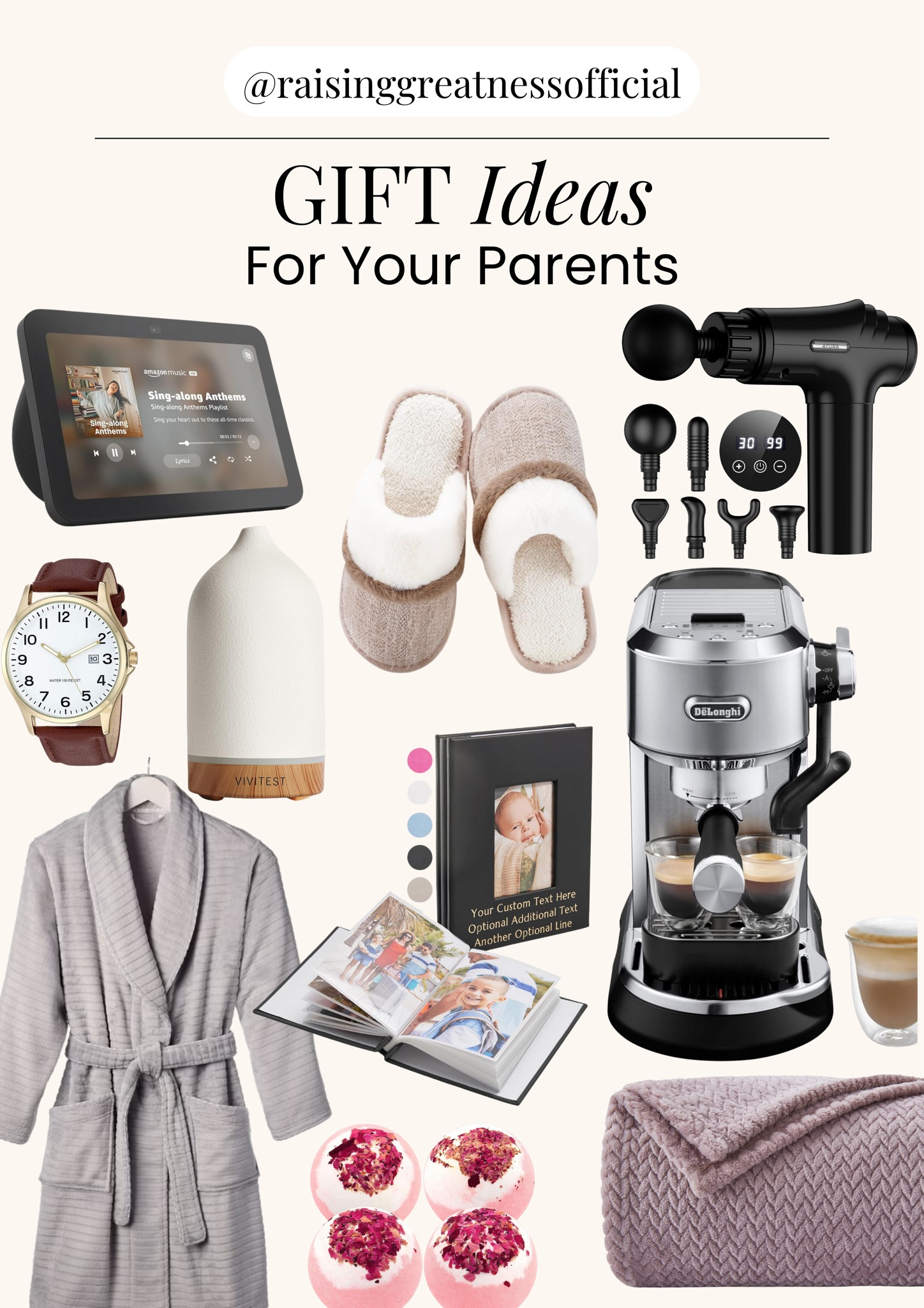 Show your love with thoughtful gifts perfect for mom and dad! 💕 Treat them to a relaxing massager, cozy slippers, and a plush bathrobe for ultimate comfort. Add a stylish watch and a soothing humidifier for everyday luxury. Help them cherish memories with an album, brew the perfect cup with a coffee machine, and enjoy bath time with bath bombs and soft towels. Top it off with an Alexa to make their lives easier and more connected! 💖🎄 #GiftGuideForParents #HolidayGiftIdeas #CozyEssentials #ThoughtfulGifts

#LTKSeasonal #LTKGiftGuide #LTKHoliday