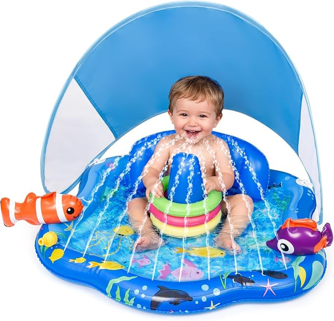 Baby Pool Float with Sprinkler, Inflatable Baby Splash Pad with Stackable Rings Game, Baby Splash... | Amazon (US)