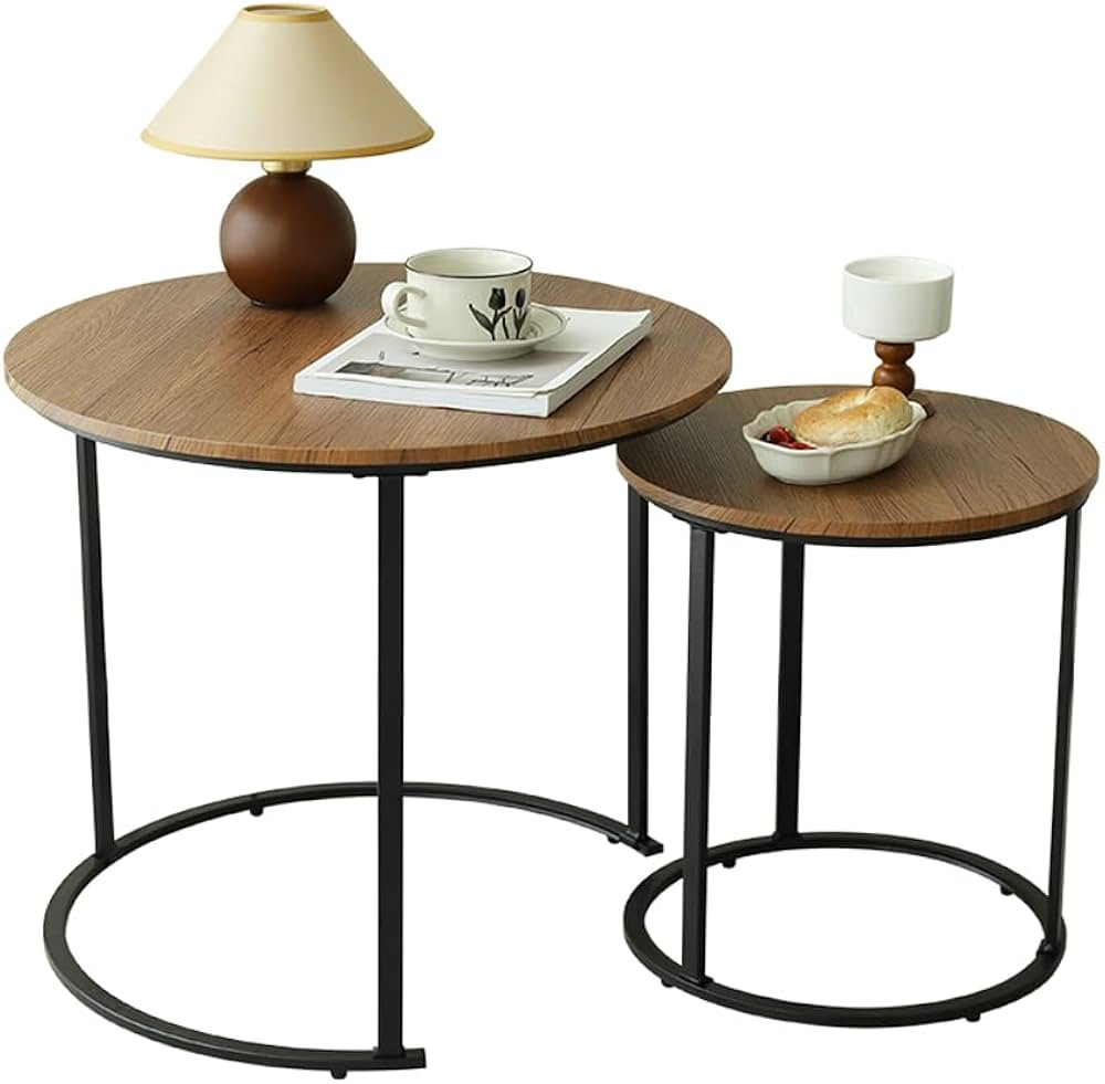 Joceret Round Coffee Table Nesting Brown Set of 2, Circular Wooden Tables, Nordic Simple for Smal... | Amazon (US)