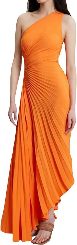 Molisry Women Satin One Shoulder Maxi Dress 2023 Sexy Pleated Wedding Party Dress Waist Hollow Ou... | Amazon (US)