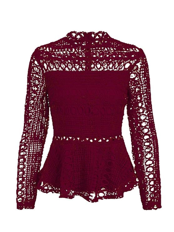 SUNJIN ARCO Women's Elegant Lace Tops Hollow Out Long Sleeve Peplum Hem Shirt Sheer Blouse | Amazon (US)