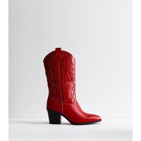 Women's Red Leather-Look Cowboy Boots Vegan New Look | New Look (UK)