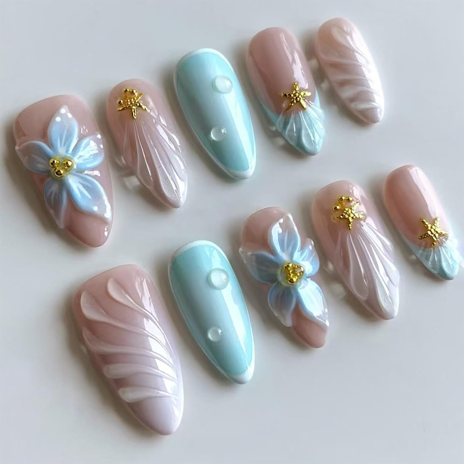 24PCS Blue Ocean Almond Press On Nails with 3D Floral Starfish Pearl Water Ripple Gradient Gloss ... | Amazon (UK)
