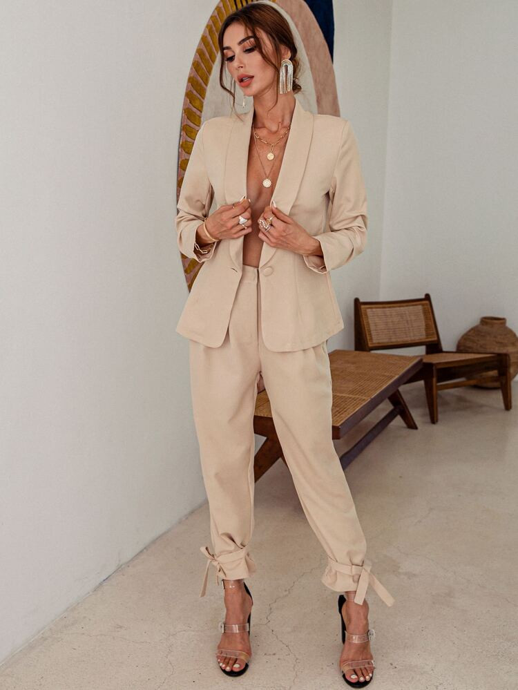 Glamaker Shawl Collar Single Button Blazer & Knot Hem Pants Set | SHEIN