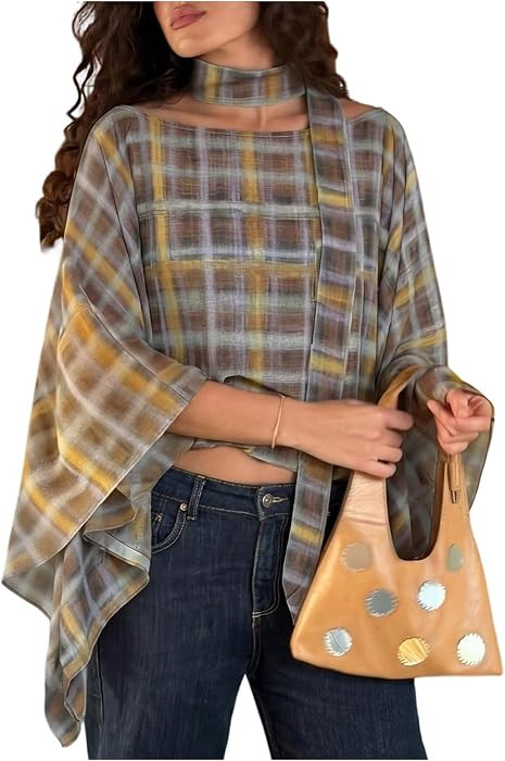 GORGLITTER Women's Poncho Tops Sheer Shawl Plaid Gingham Halter Cape Top | Amazon (US)
