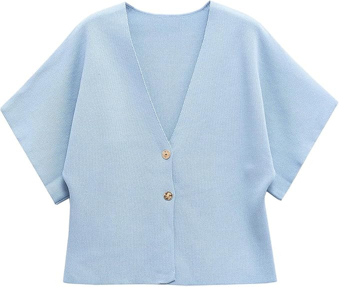 hathne Women's V Neck Short Sleeve Cardigan Sweater Button Down Ribbed Knit Tops | Amazon (US)