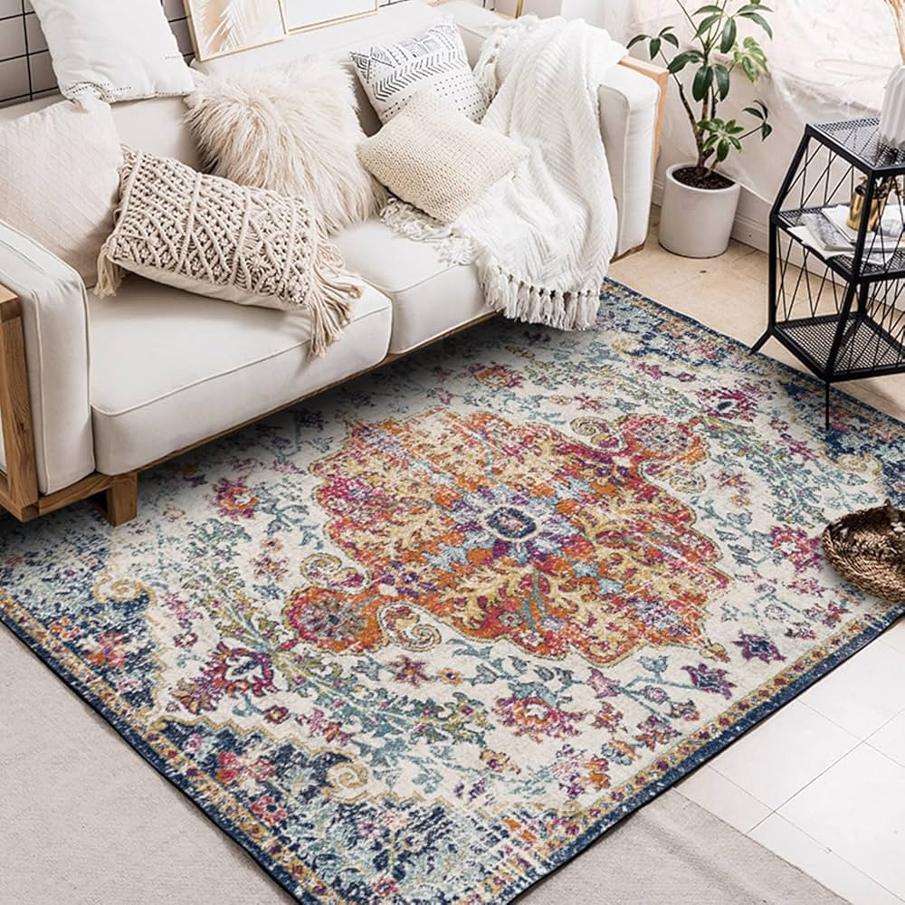 Vintage Area Rug, Boho Style Floral Patterns Non-Slip Floor Carpet, Traditional Rug for Living Ro... | Amazon (US)