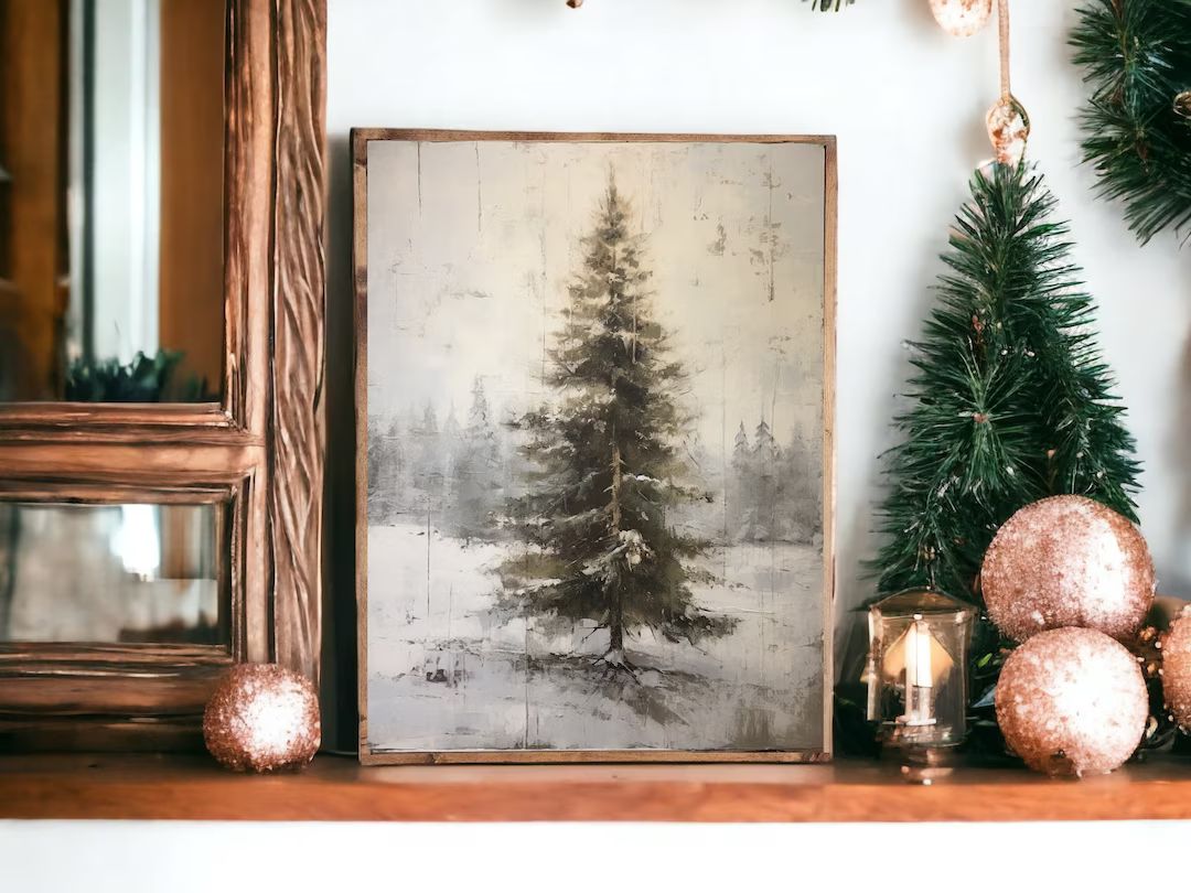 Vintage Evergreen Tree Print Framed Canvas Print Christmas - Etsy | Etsy (US)