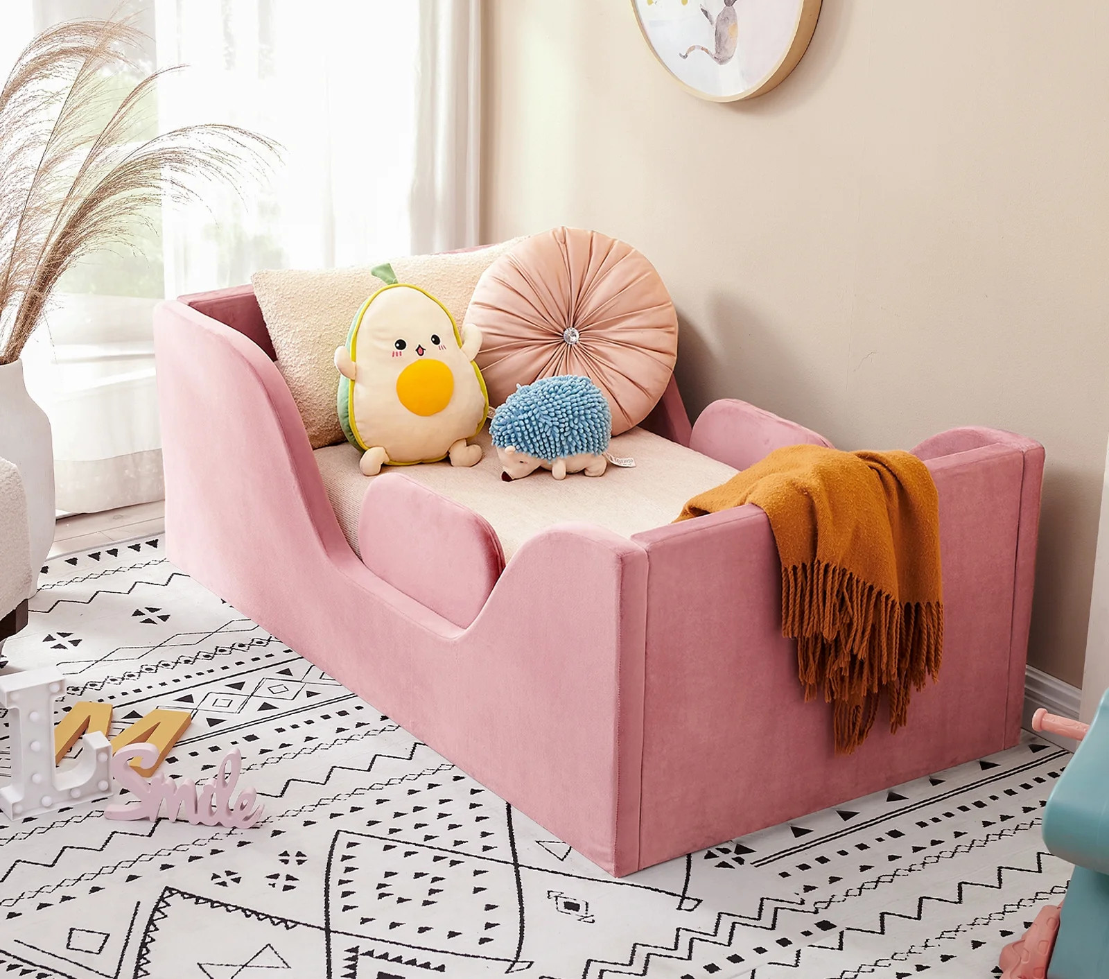 Moogeer Toddler Bed Frame with Safety Guardrails, Fits a Standard Crib Mattress, Upholstered Kids... | Walmart (US)