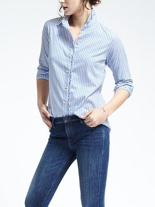 Banana Republic Dillon Fit Striped Ruffle Placket Shirt Size L Petite - Cerulean blue | Banana Republic US