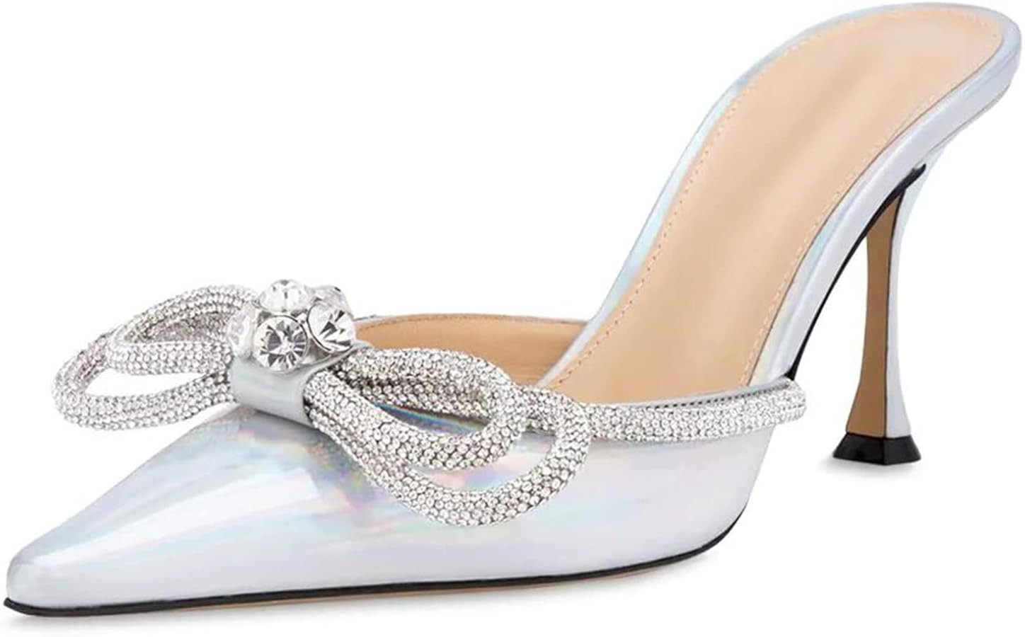 JiaBinji Women High Heeled Mules Crystal Rhinestones Sparkly Double Bow Sandals Iridescent Pointe... | Amazon (US)