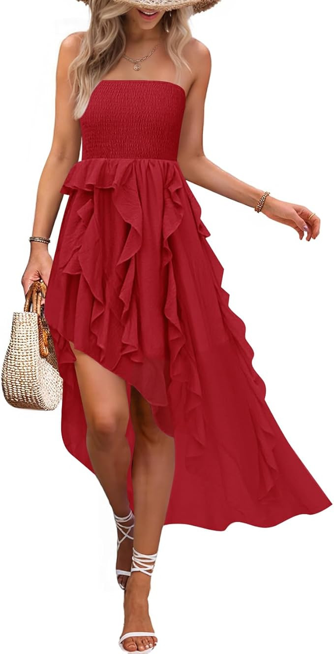 ZESICA Women's 2025 Summer Strapless Mini Dress Off Shoulder Smocked Tiered Irregular Irregular R... | Amazon (US)