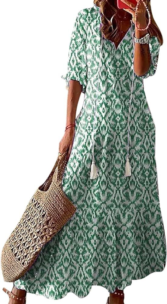 Akivide Women's Boho Floral Printed V Neck Ruffle Half Sleeve Tiered Maxi Dress Summer Casual Bea... | Amazon (US)