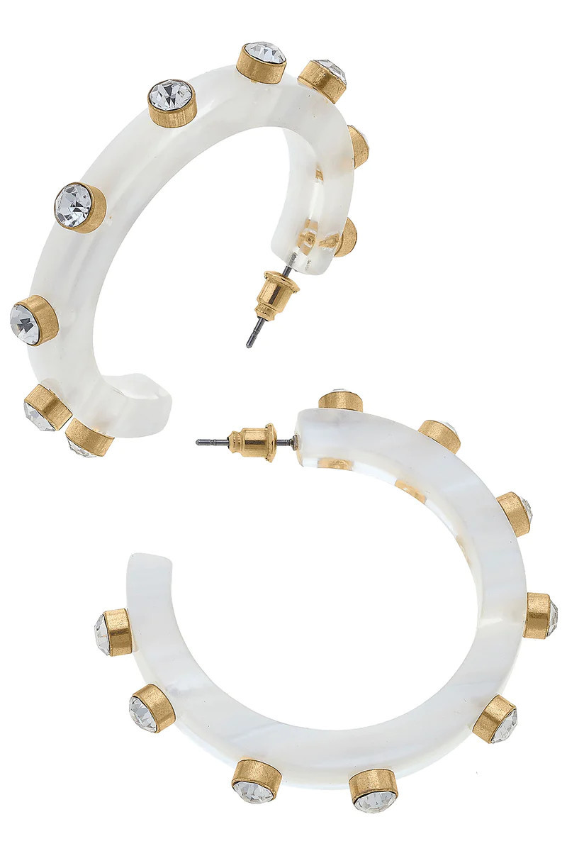Renee Resin and Rhinestone Hoop Earrings in White | CANVAS