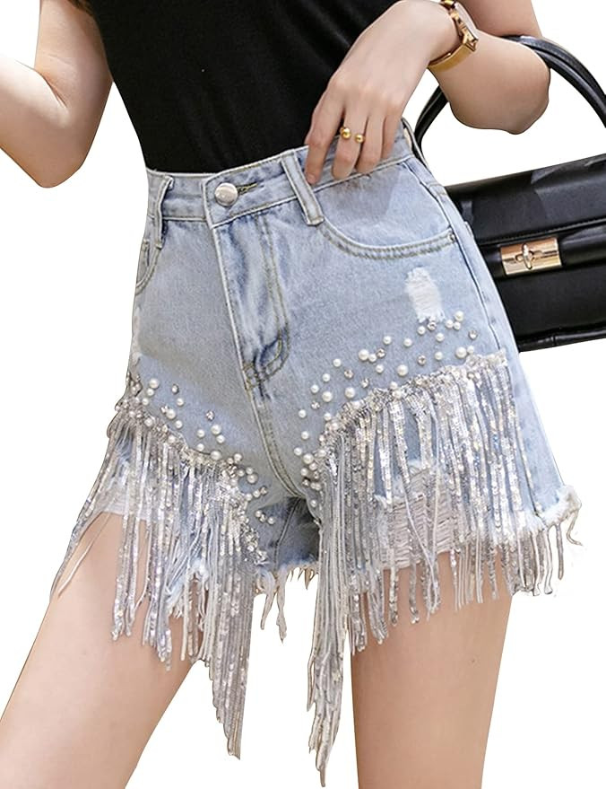 Wyeysyt Women's Denim Rhinestone Shorts Pearl Beaded Frayed Raw Hem Tassels Denim Shorts Mid Rise... | Amazon (US)