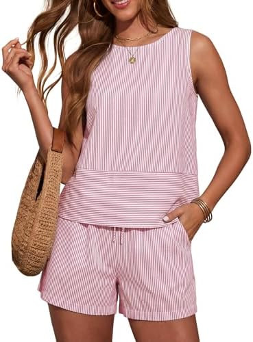 LOMON Women's Trendy 2 Piece Outfits Shorts Sets Summer Crew Neck Sleeveless Tank Top and Bottom ... | Amazon (US)