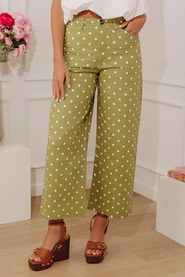 The Sophie High Waist Barrel Leg Polka Dot Pants in Sage | Impressions Online Boutique