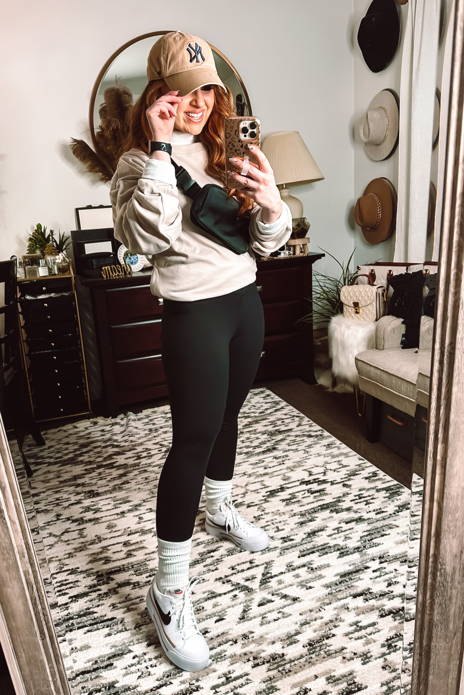 Trendy winter look.

V waist leggings - medium 
White ribbed turtleneck- medium 
Nude oversized sweatshirt - small 
White scrunch socks 
Nike viral white sneaker 
Baseball hat
Belt bag 

Would be a good travel outfit 


#LTKfit #LTKtravel #LTKSeasonal