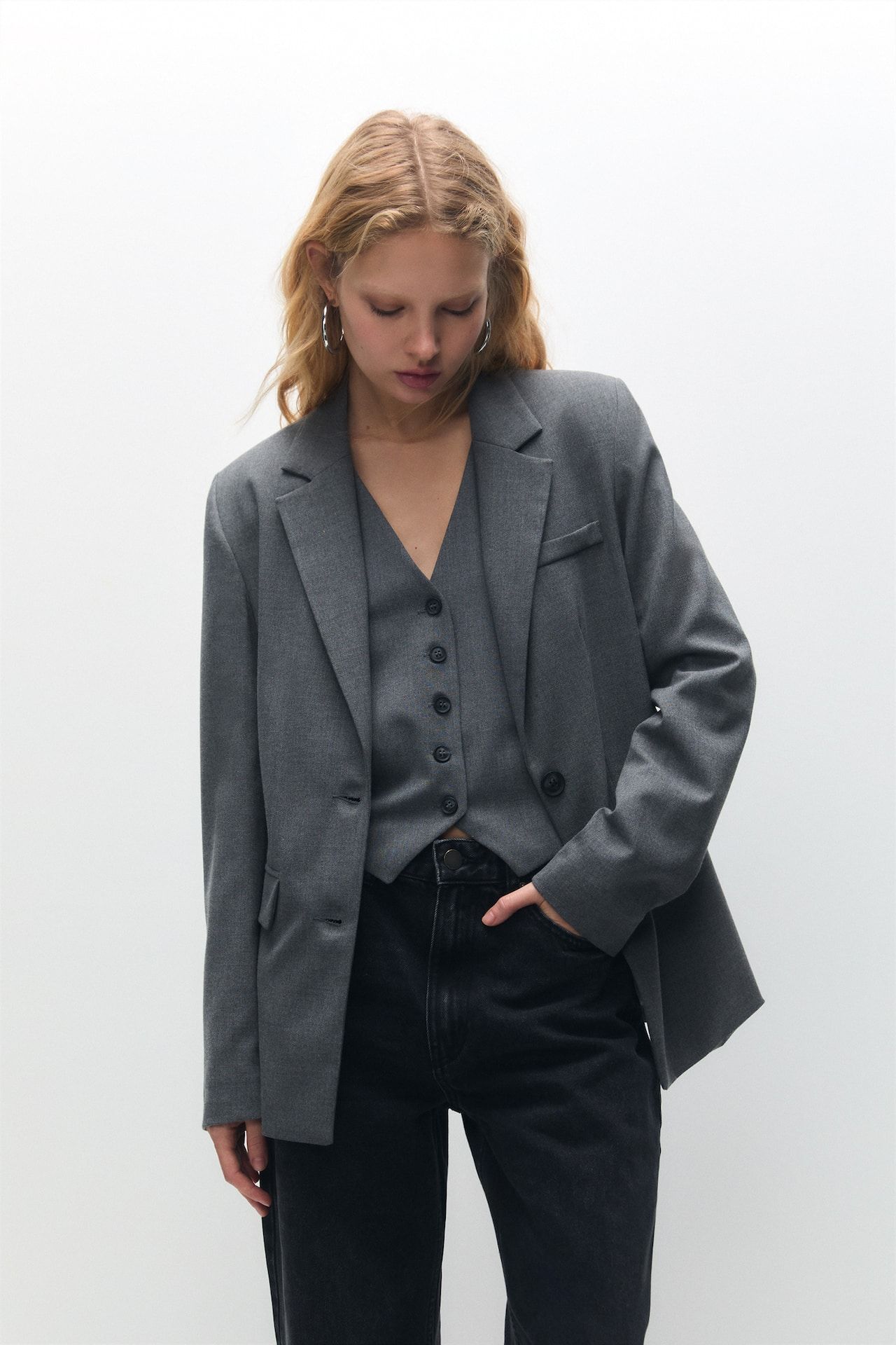 Double-breasted blazer with flap pockets | PULL and BEAR UK