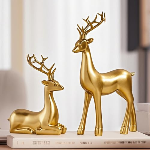 2 PCS Reindeer Figurines for Tabletop Decor, Resin Gold Reindeer Christmas Decoration, Deer Sculpture, Elk Statues, Home Office Decorative for Bookshelf Desktop Cabinets (2 * Pure Gold, 6.5 Inch) | Amazon (US)