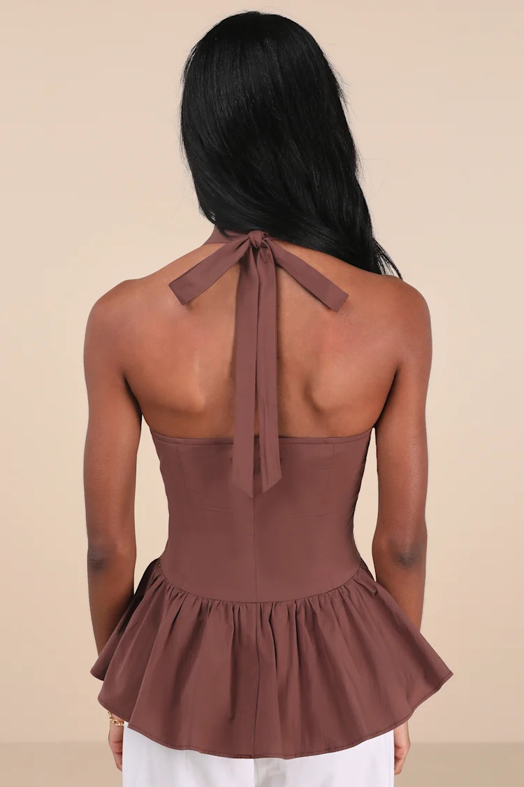 Casually Exquisite Brown Ruffled Halter Peplum Top | Lulus