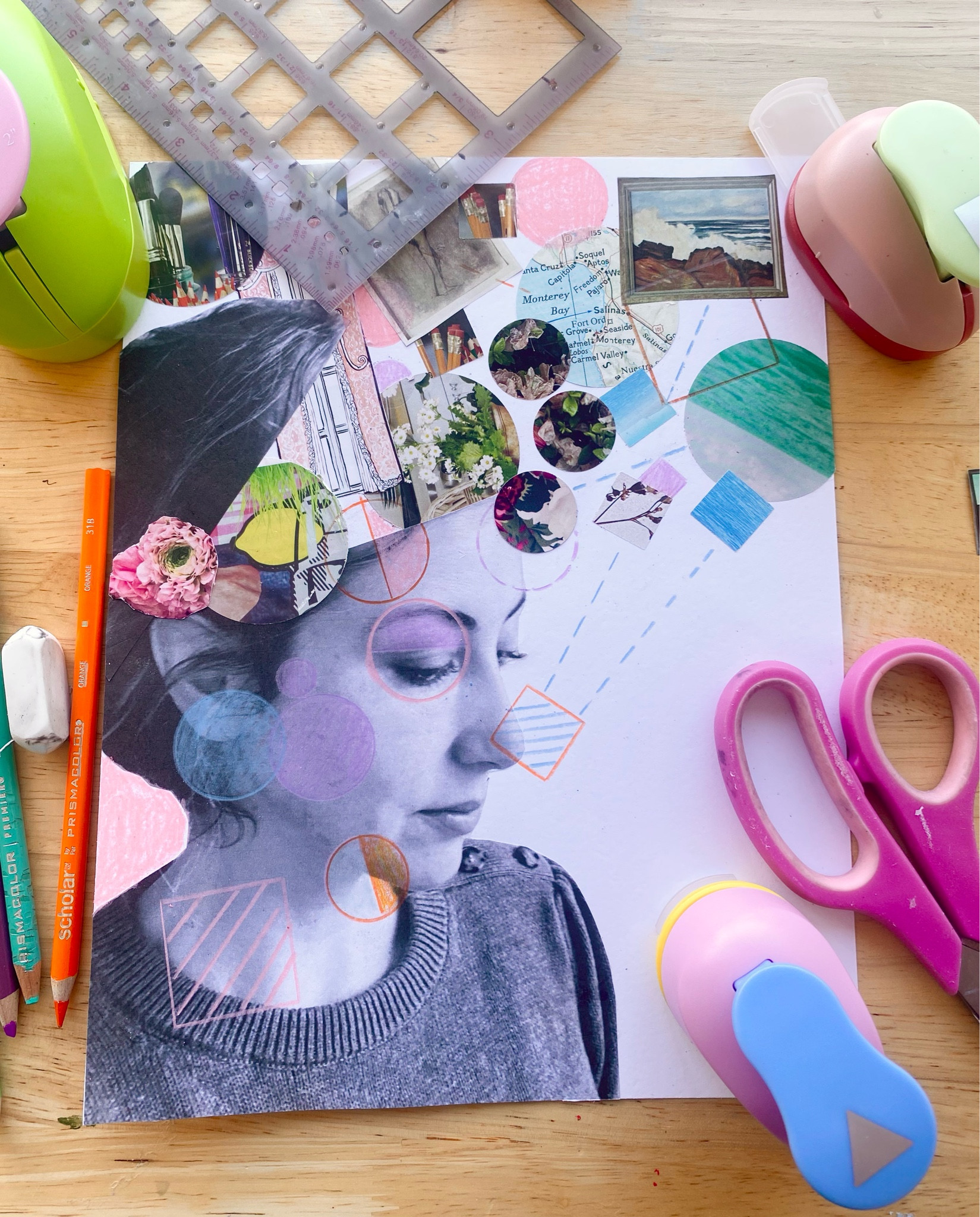 Shape punches and stencils help beginners get started on mixed media collage projects like this self portrait sketchbook cover 