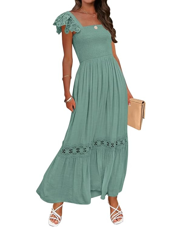 ZESICA Women's 2025 Summer Lace Strap Sleeveless Square Neck Smocked High Waist Ruffle Hollow Out... | Amazon (US)